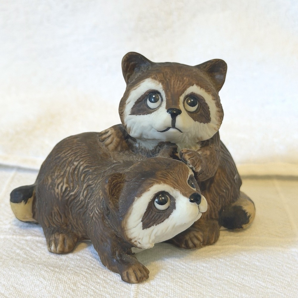 Homco Vintage Raccoons Figurine 1454 Playful Babies Collectible Porcelain 3"